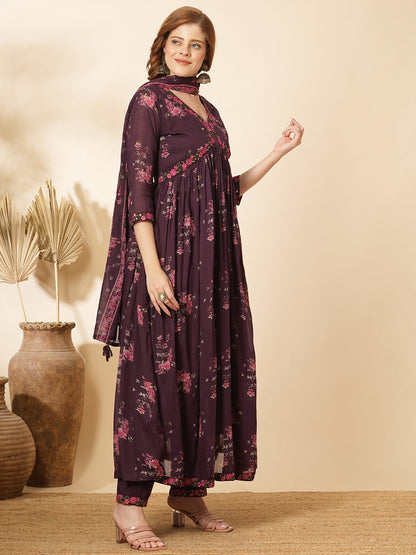 Floral Printed & Embroidered Anarkali Kurta with Pant & Dupatta - Burgundy