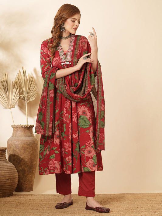 Floral Printed & Embroidered A-Line Paneled Kurta with Pant & Dupatta -Red