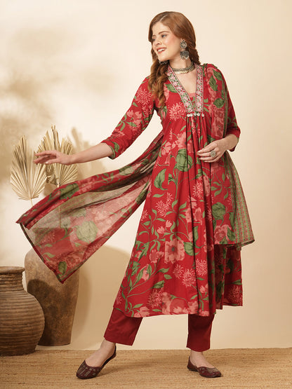 Floral Printed & Embroidered A-Line Paneled Kurta with Pant & Dupatta -Red