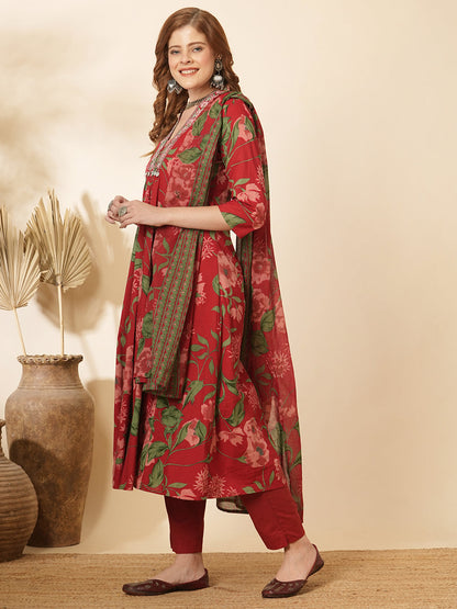 Floral Printed & Embroidered A-Line Paneled Kurta with Pant & Dupatta -Red