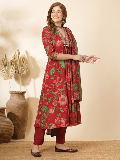 Floral Printed & Embroidered A-Line Paneled Kurta with Pant & Dupatta -Red