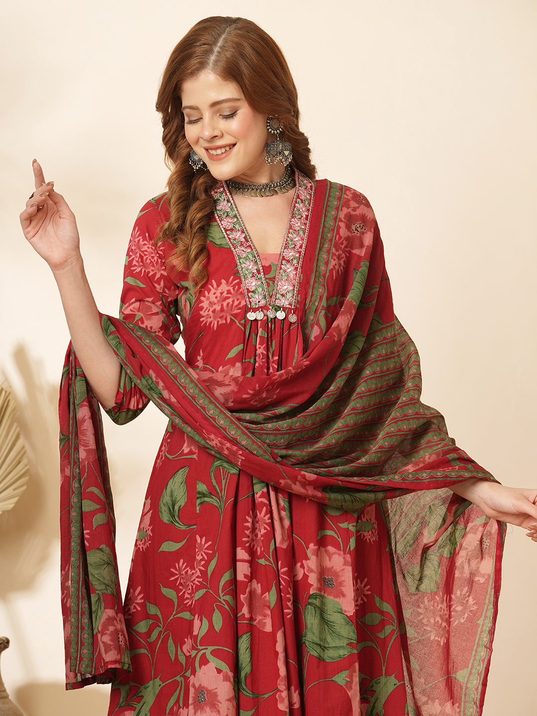 Floral Printed & Embroidered A-Line Paneled Kurta with Pant & Dupatta -Red