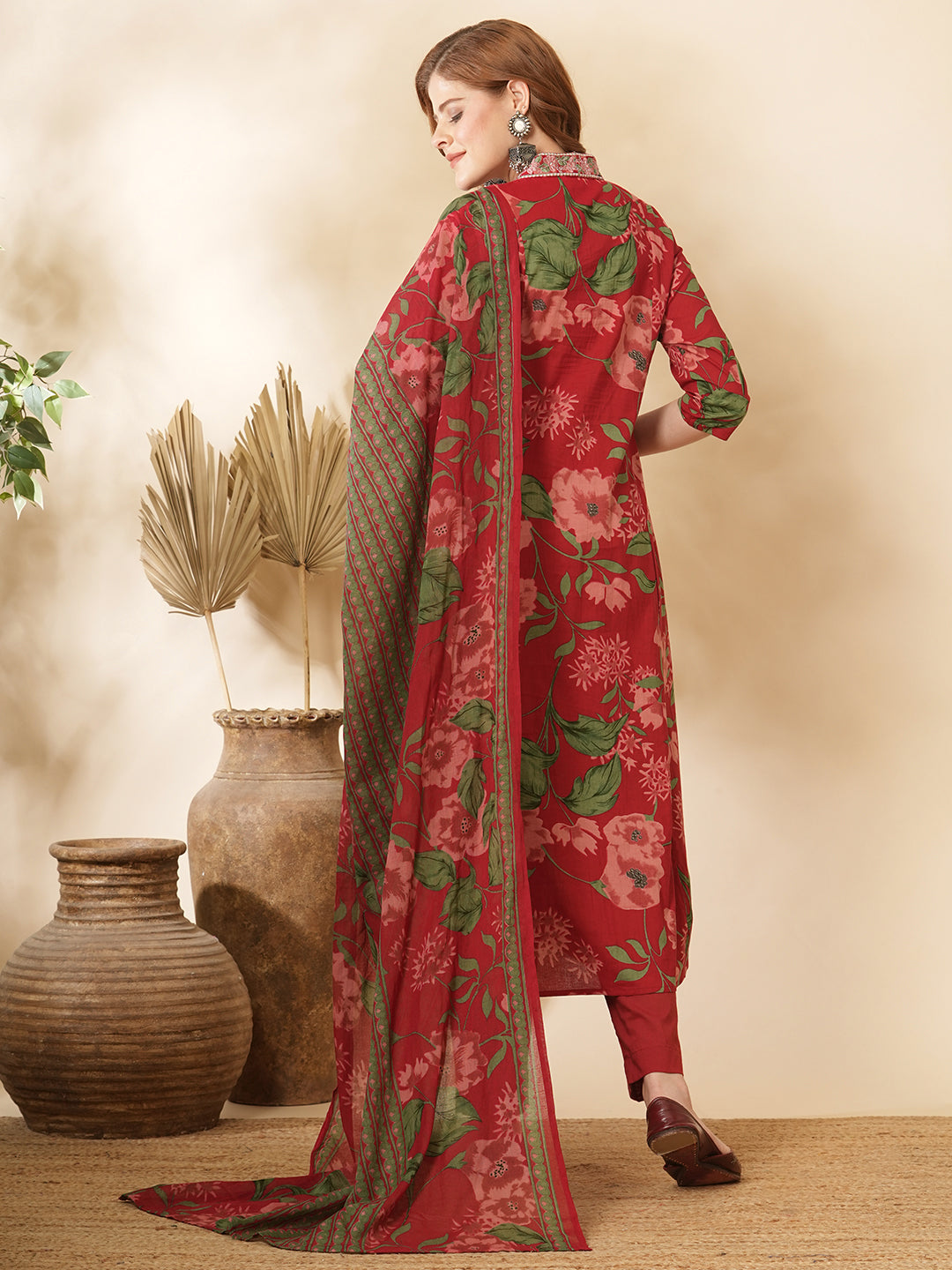 Floral Printed & Embroidered A-Line Paneled Kurta with Pant & Dupatta -Red