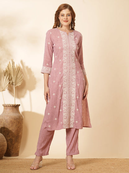 Ethnic Cross Stitch Embroidered Straight Fit Co-ord Set - Pink