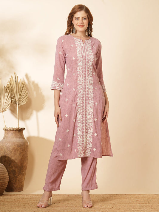 Ethnic Cross Stitch Embroidered Straight Fit Co-ord Set - Pink