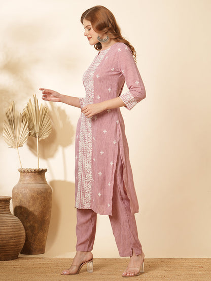 Ethnic Cross Stitch Embroidered Straight Fit Co-ord Set - Pink