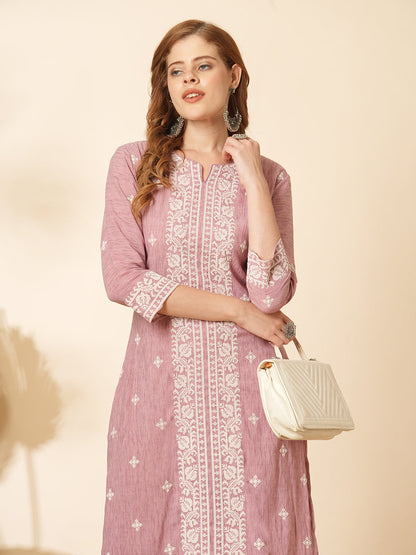 Ethnic Cross Stitch Embroidered Straight Fit Co-ord Set - Pink