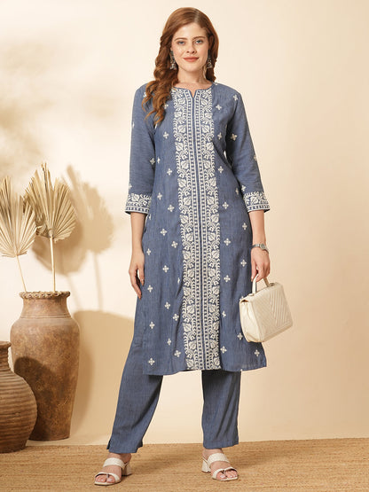 Ethnic Cross Stitch Embroidered Straight Fit Co-ord Set - Blue