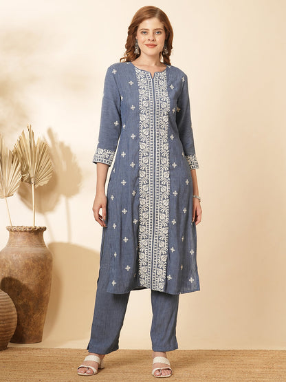 Ethnic Cross Stitch Embroidered Straight Fit Co-ord Set - Blue