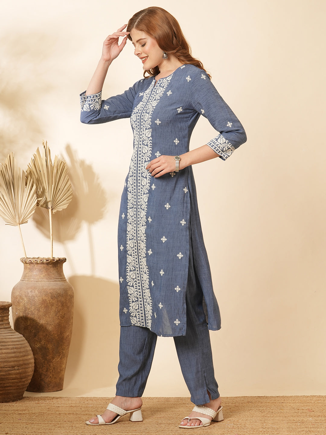 Ethnic Cross Stitch Embroidered Straight Fit Co-ord Set - Blue