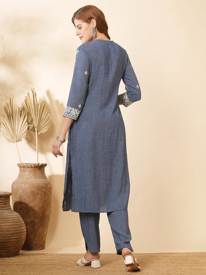 Ethnic Cross Stitch Embroidered Straight Fit Co-ord Set - Blue