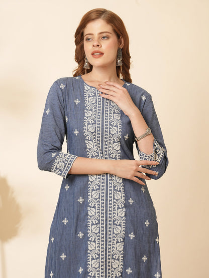 Ethnic Cross Stitch Embroidered Straight Fit Co-ord Set - Blue