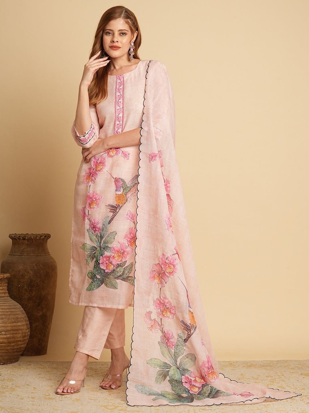 Abstract Floral Printed & Embroidered Straight Kurta with Pant & Dupatta - Cream