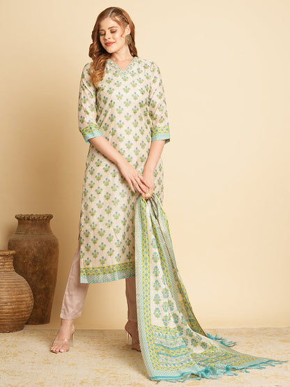 Ethnic Floral Printed & Embroidered Straight Fit Kurta with Pant and Dupatta - Taupe