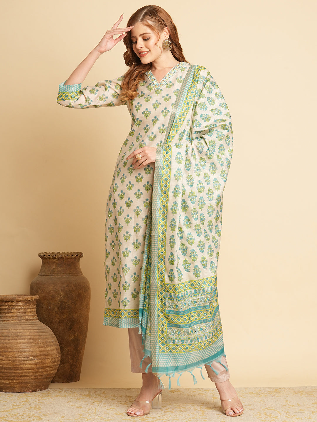 Ethnic Floral Printed & Embroidered Straight Fit Kurta with Pant and Dupatta - Taupe