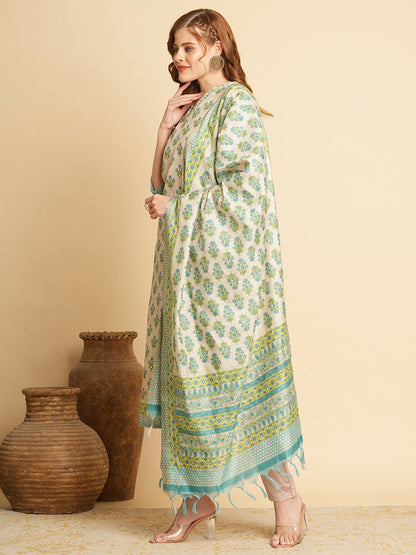 Ethnic Floral Printed & Embroidered Straight Fit Kurta with Pant and Dupatta - Taupe