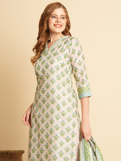 Ethnic Floral Printed & Embroidered Straight Fit Kurta with Pant and Dupatta - Taupe