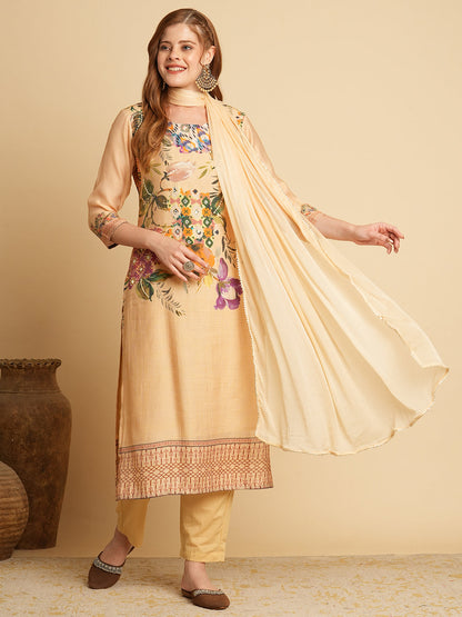 Floral Printed & Embroidered Straight Kurta with Pant & Dupatta - Beige