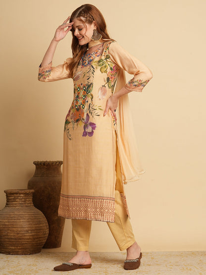 Floral Printed & Embroidered Straight Kurta with Pant & Dupatta - Beige