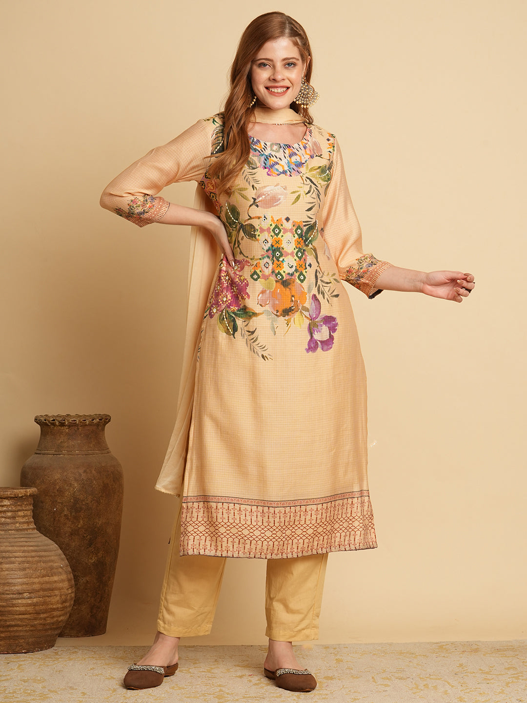 Floral Printed & Embroidered Straight Kurta with Pant & Dupatta - Beige