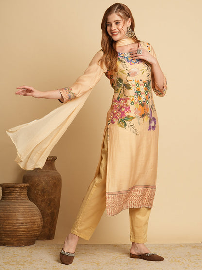 Floral Printed & Embroidered Straight Kurta with Pant & Dupatta - Beige