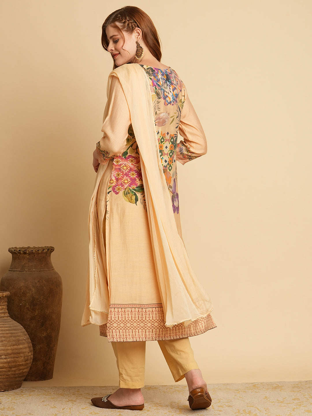 Floral Printed & Embroidered Straight Kurta with Pant & Dupatta - Beige