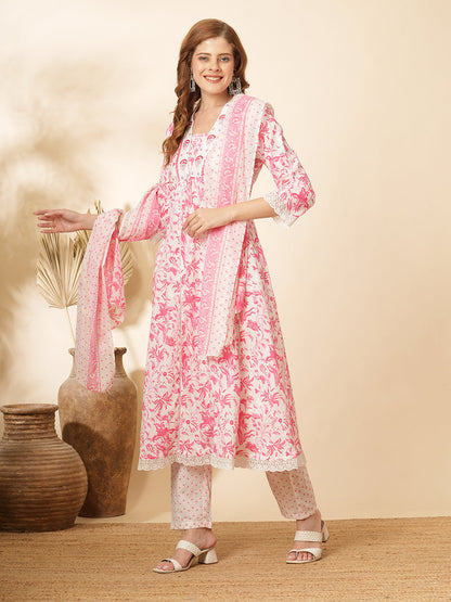 Floral Khari Printed & Embroidered A-Line Kurta with Pant & Pure Cotton Dupatta - White