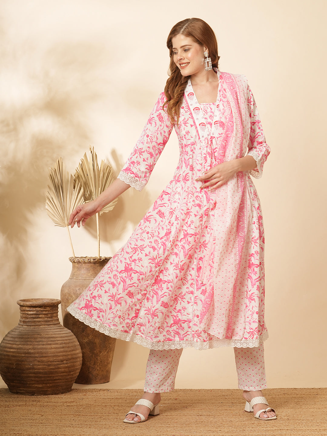 Floral Khari Printed & Embroidered A-Line Kurta with Pant & Pure Cotton Dupatta - White