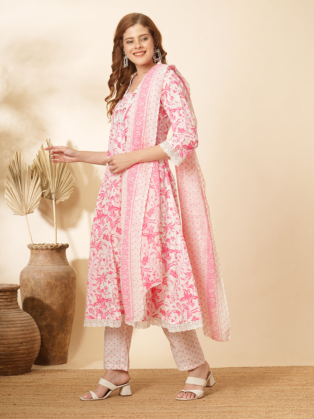 Floral Khari Printed & Embroidered A-Line Kurta with Pant & Pure Cotton Dupatta - White