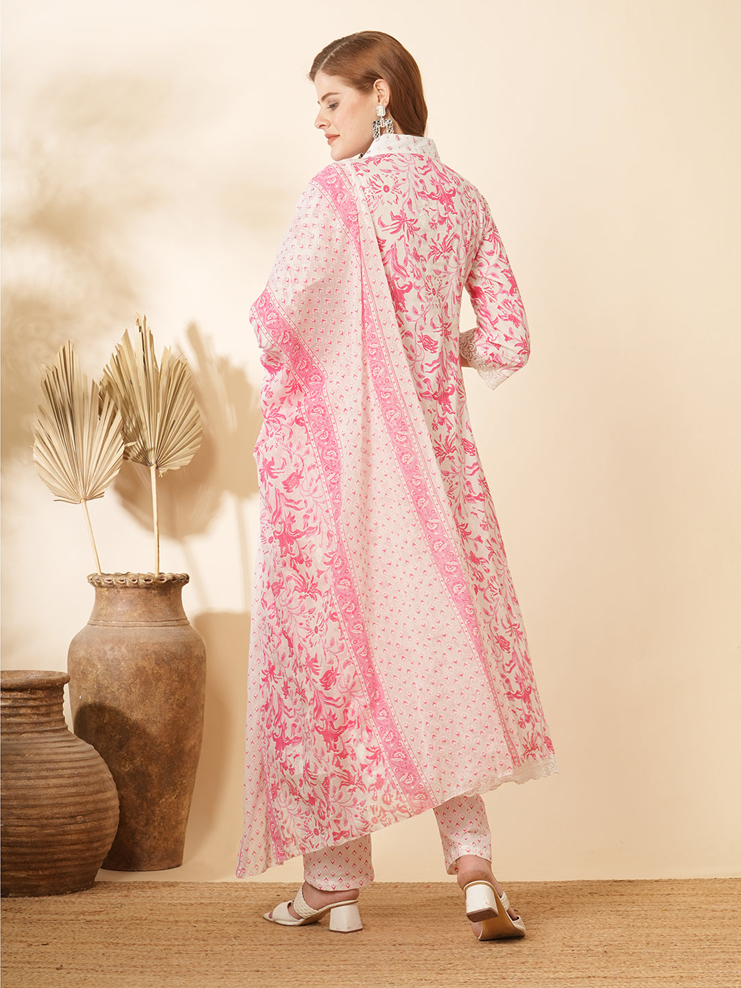 Floral Khari Printed & Embroidered A-Line Kurta with Pant & Pure Cotton Dupatta - White