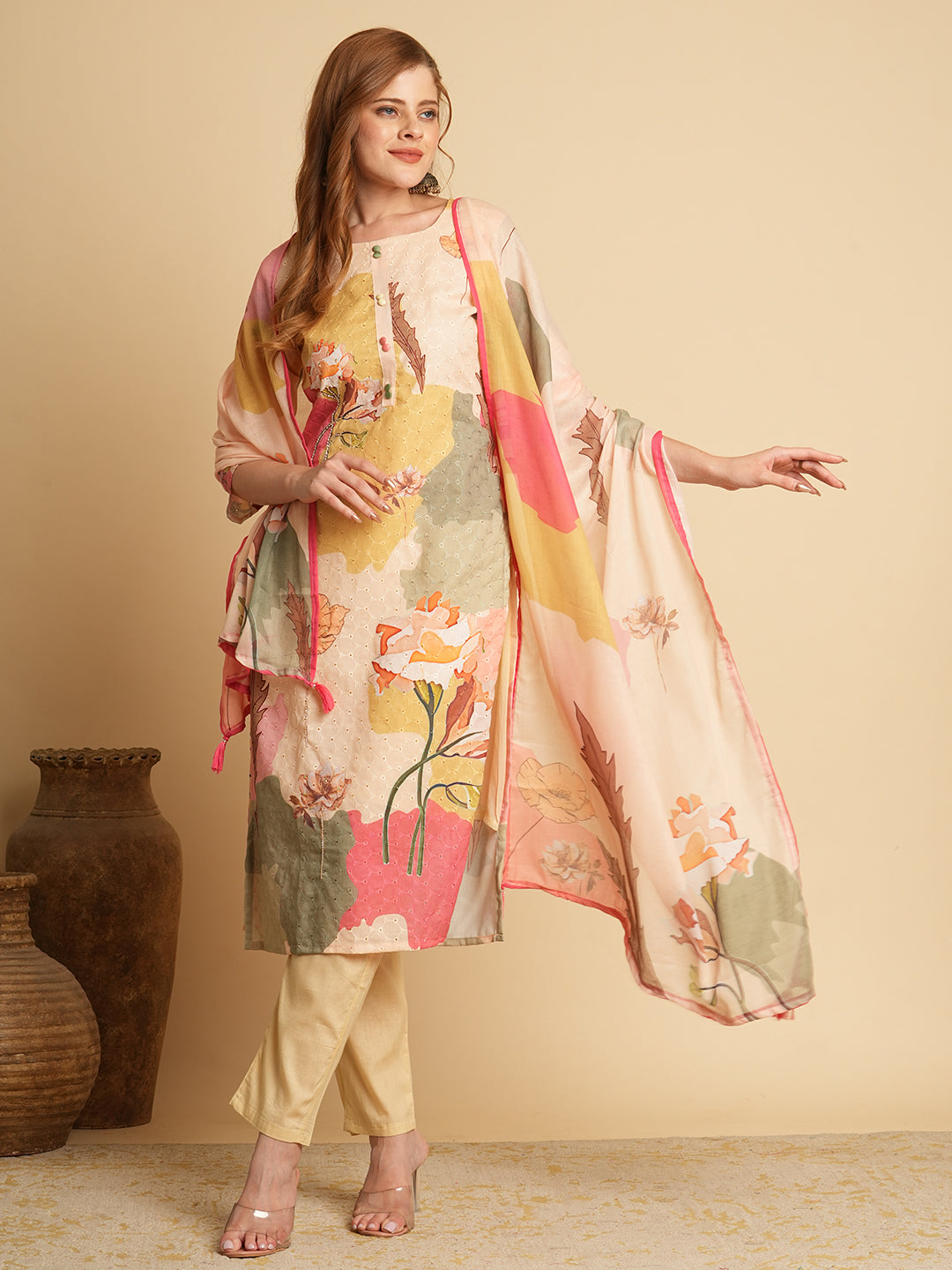 Floral Printed & Schiffli Embroidered Straight Fit Kurta with Pant & Dupatta - Beige