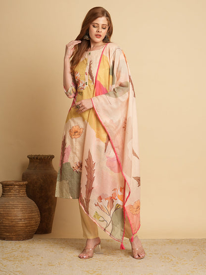 Floral Printed & Schiffli Embroidered Straight Fit Kurta with Pant & Dupatta - Beige