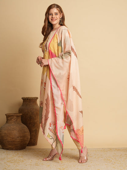 Floral Printed & Schiffli Embroidered Straight Fit Kurta with Pant & Dupatta - Beige