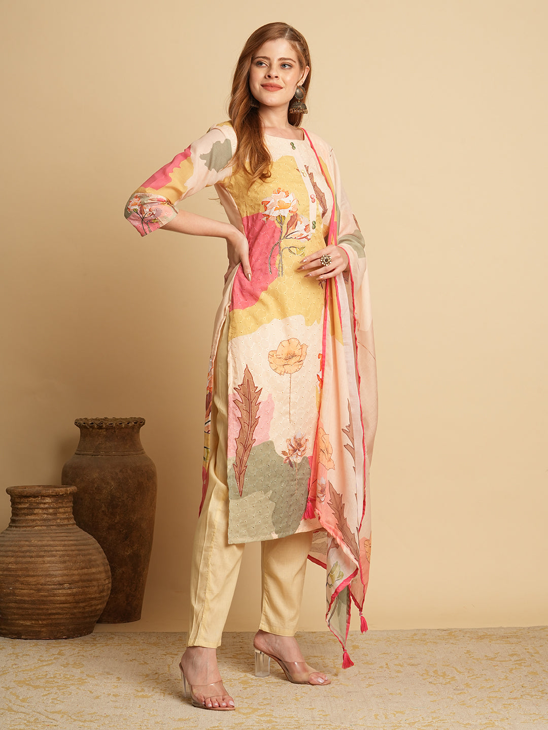 Floral Printed & Schiffli Embroidered Straight Fit Kurta with Pant & Dupatta - Beige