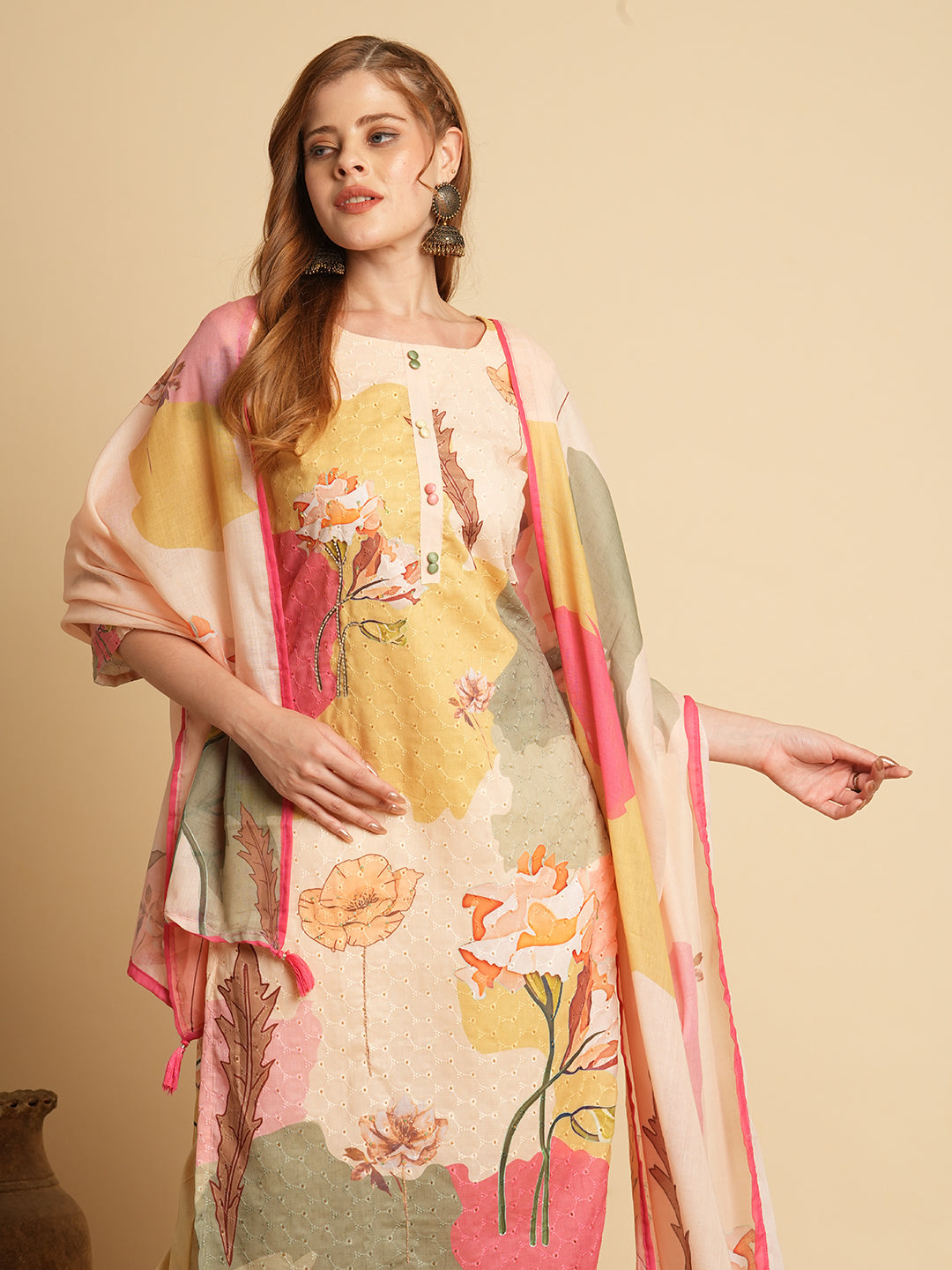 Floral Printed & Schiffli Embroidered Straight Fit Kurta with Pant & Dupatta - Beige