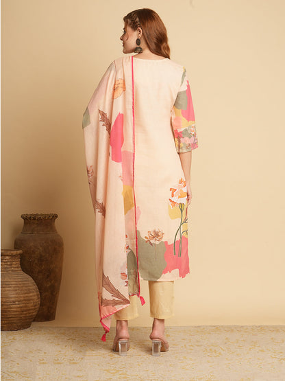 Floral Printed & Schiffli Embroidered Straight Fit Kurta with Pant & Dupatta - Beige