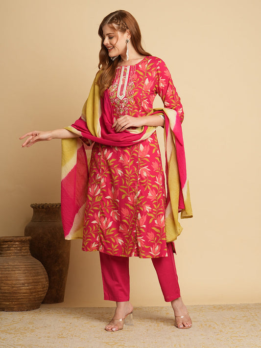 Floral Printed & Embroidered A-Line Paneled Kurta with Pant and Leheriya Dupatta - Pink