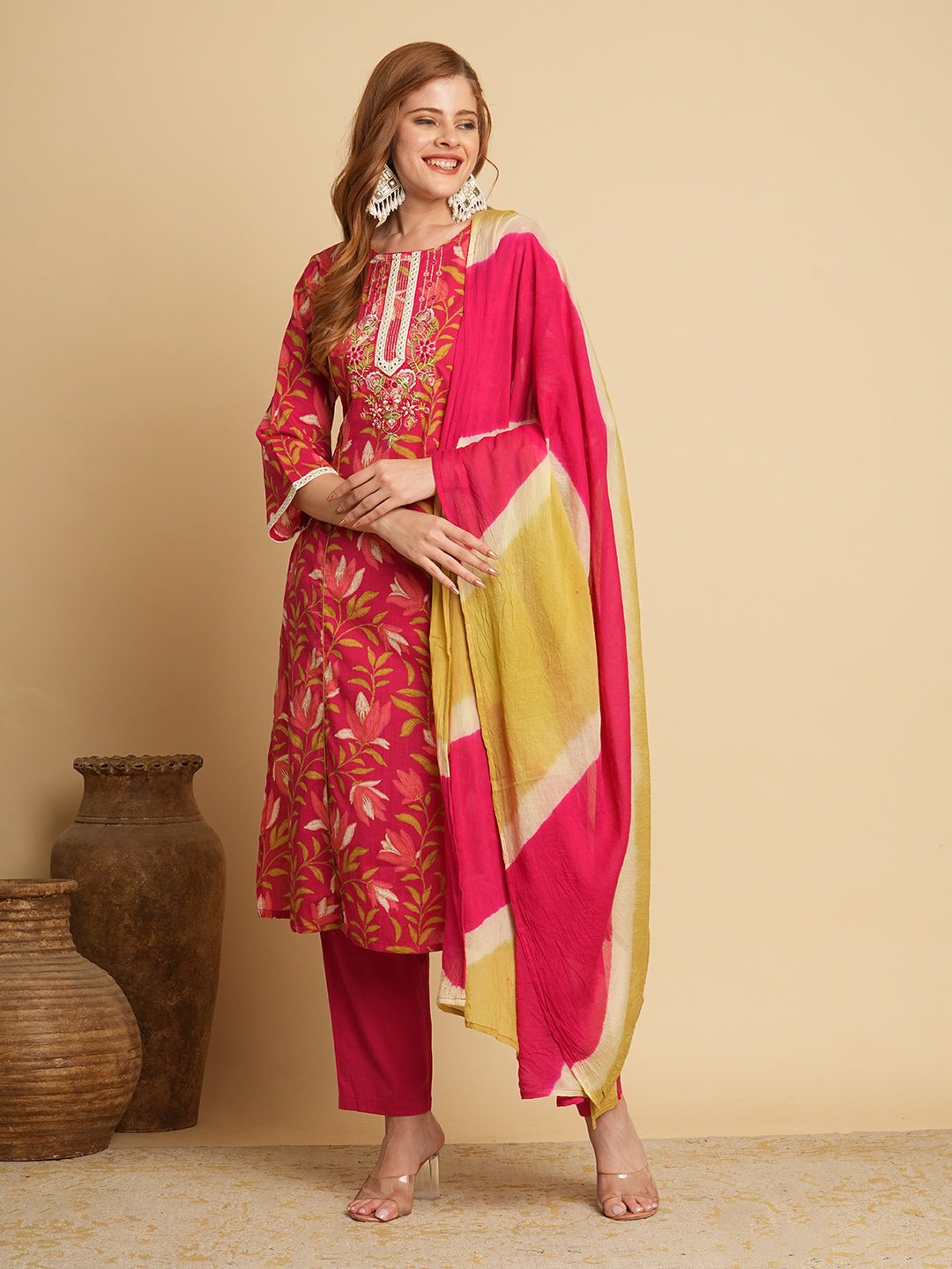 Floral Printed & Embroidered A-Line Paneled Kurta with Pant and Leheriya Dupatta - Pink