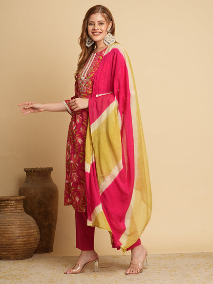 Floral Printed & Embroidered A-Line Paneled Kurta with Pant and Leheriya Dupatta - Pink