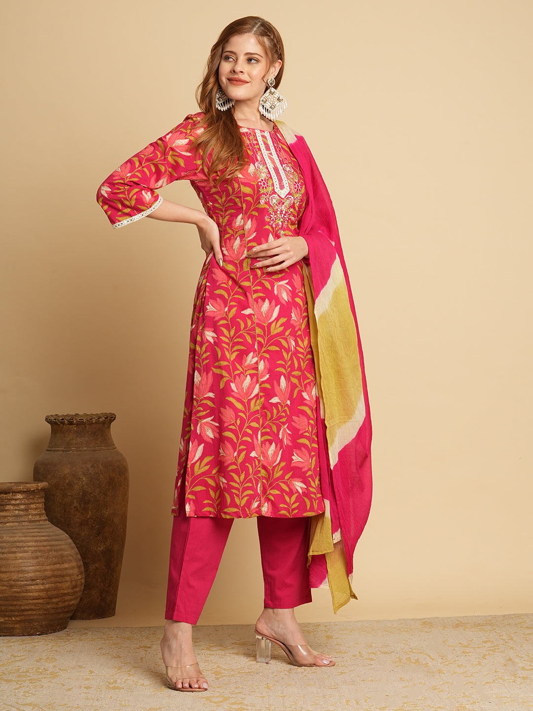 Floral Printed & Embroidered A-Line Paneled Kurta with Pant and Leheriya Dupatta - Pink