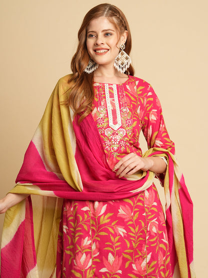 Floral Printed & Embroidered A-Line Paneled Kurta with Pant and Leheriya Dupatta - Pink