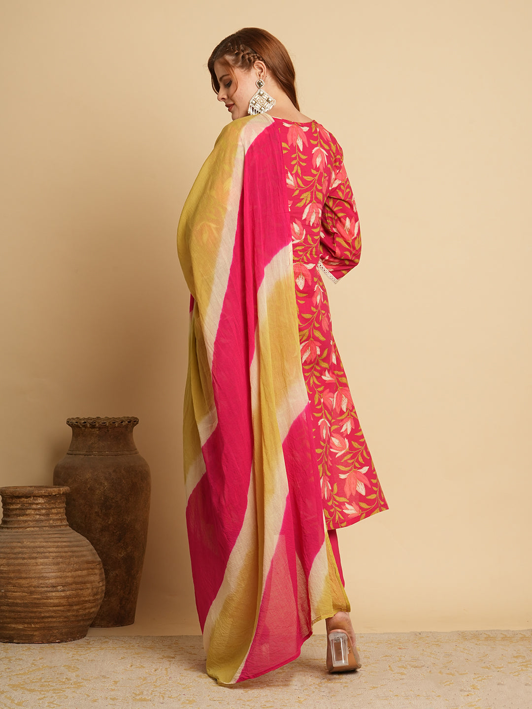 Floral Printed & Embroidered A-Line Paneled Kurta with Pant and Leheriya Dupatta - Pink