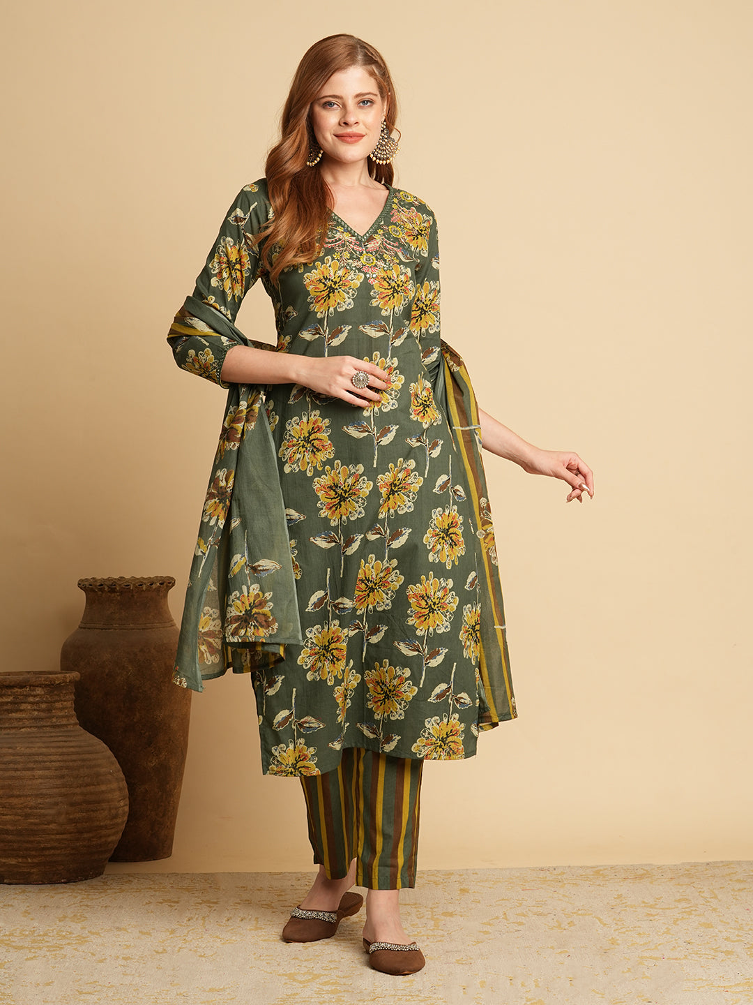 Floral Printed & Embroidered Straight Fit Kurta with Pant and Dupatta - Green