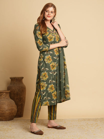 Floral Printed & Embroidered Straight Fit Kurta with Pant and Dupatta - Green