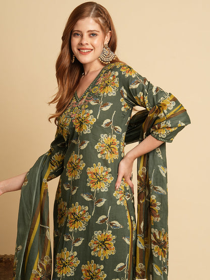 Floral Printed & Embroidered Straight Fit Kurta with Pant and Dupatta - Green