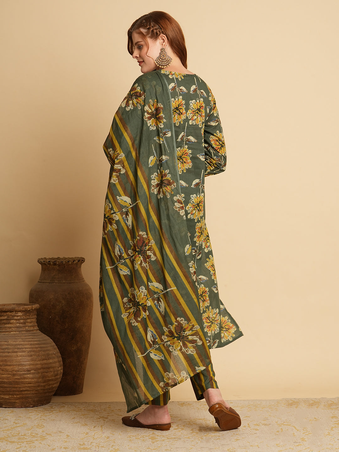 Floral Printed & Embroidered Straight Fit Kurta with Pant and Dupatta - Green