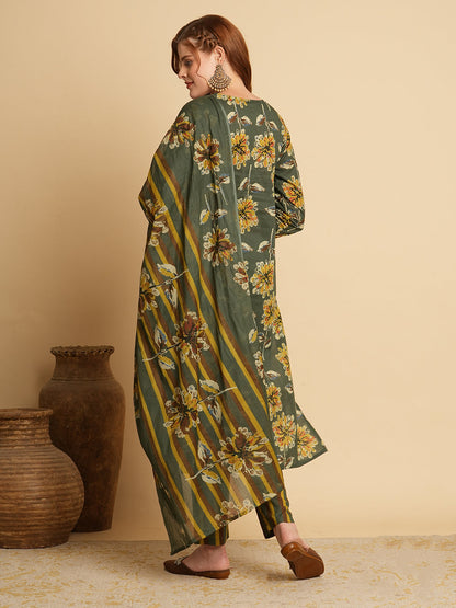 Floral Printed & Embroidered Straight Fit Kurta with Pant and Dupatta - Green