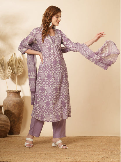 Ethnic Printed & Embroidered A-Line Paneled Kurta with Pant & Dupatta -Lavender