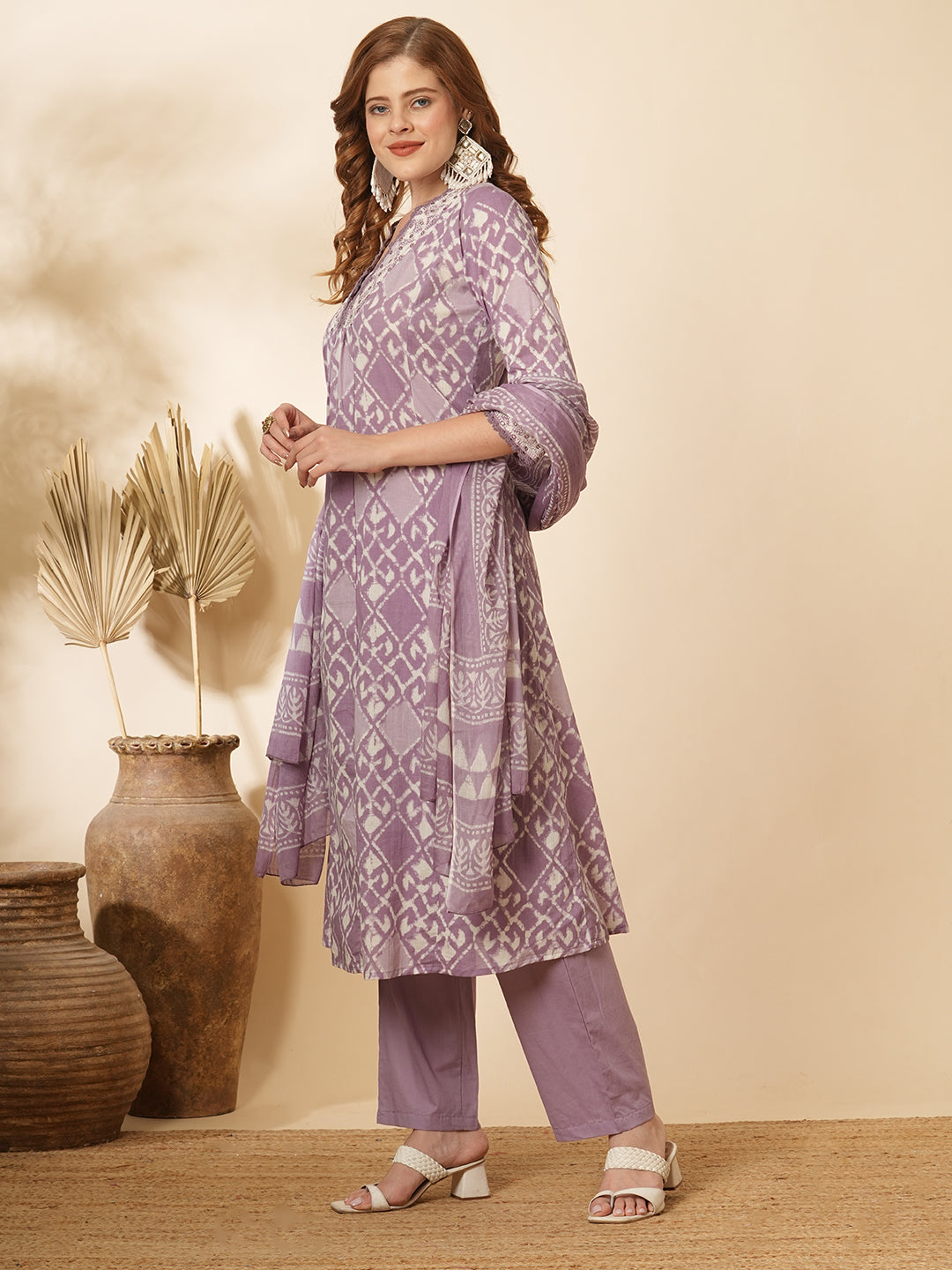 Ethnic Printed & Embroidered A-Line Paneled Kurta with Pant & Dupatta -Lavender