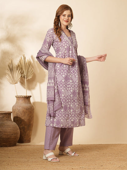 Ethnic Printed & Embroidered A-Line Paneled Kurta with Pant & Dupatta -Lavender